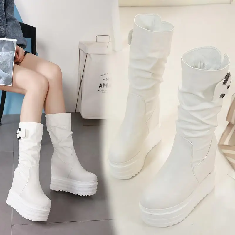 

13CM slope heel ultra-high heel waterproof table muffin thick bottom mid-tube show thin winter increase the black women's boots