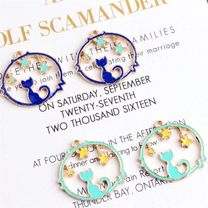 10 шт. конструктора эмали амулеты из сплава Кот просмотра ожерелье со звездами