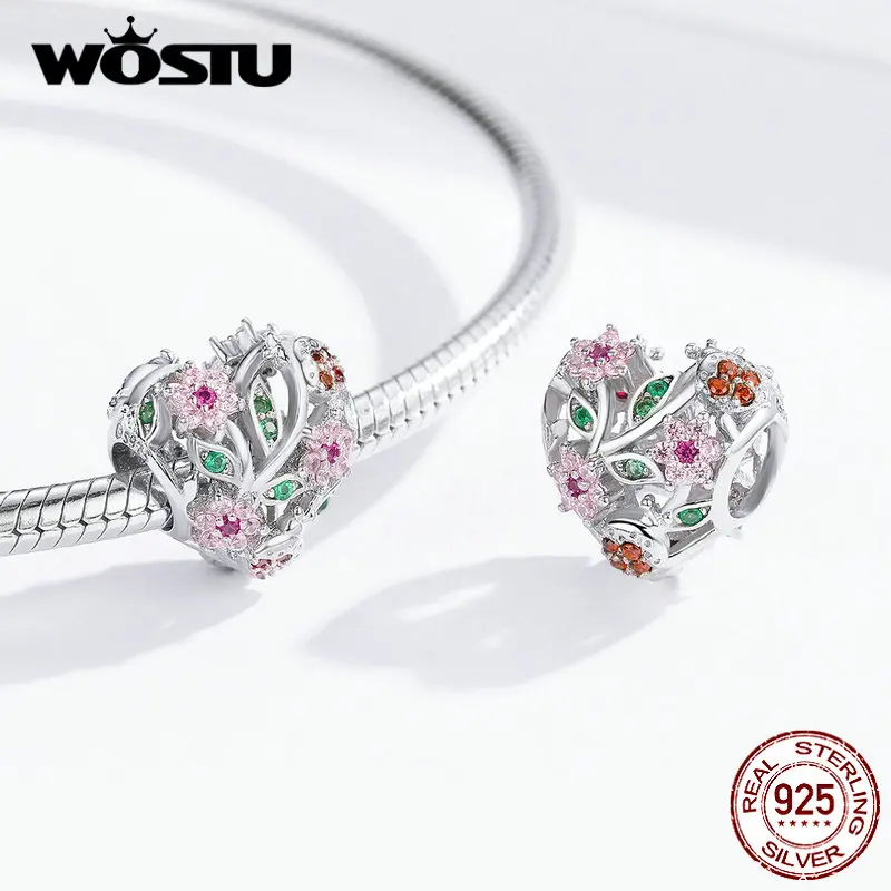 WOSTU 925 пробы серебряные божьи коровки и цветы СЕРДЦЕ бусины розовый Циркон Шарм Подходит браслет ожерелье Модные украшения FNC117