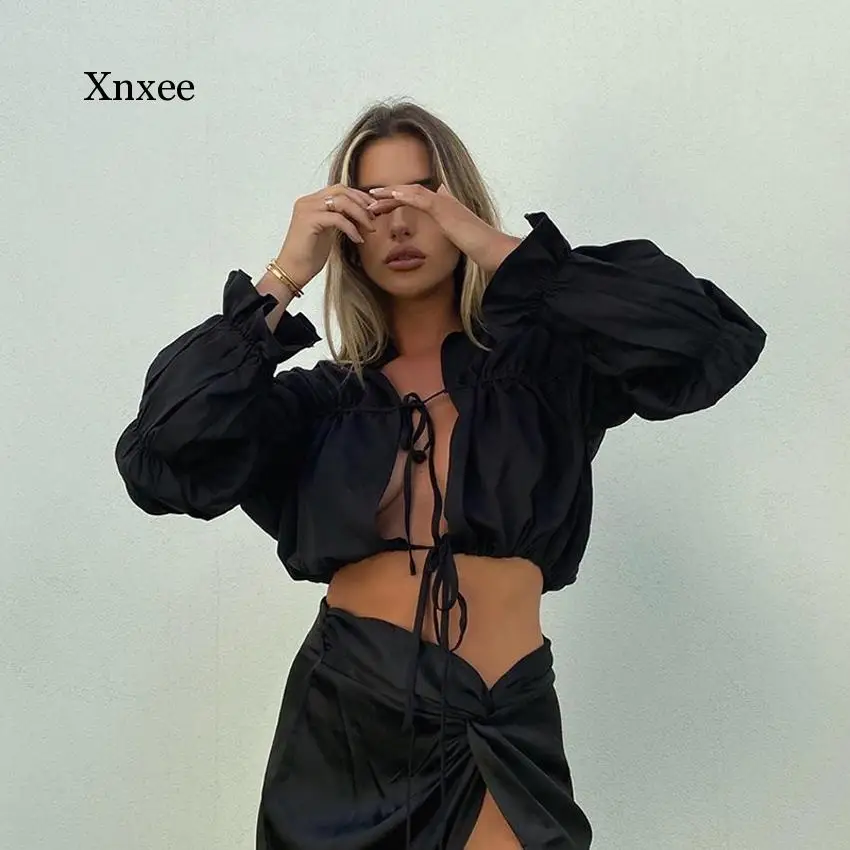 

Elegant White Sexy Tops Summer Tops Lace Up Fashion Shirts Long Lantern Sleeves Female Party Tops Streetwear Clothing