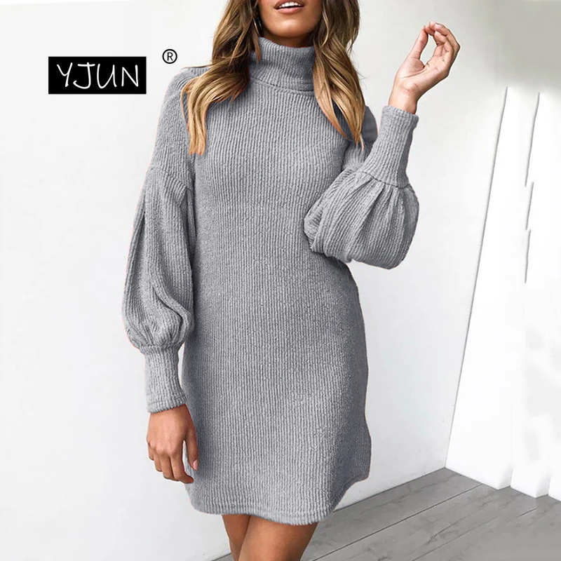 Женские платья осень зима длинный рукав Turtlenck теплая одежда мини короткое модное