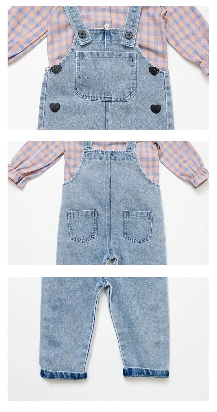 

Korean Spring Baby Girl Clothes Set Plaid Blouse Love Denim Overalls Strap Jeans Toddler Girl Autumn Children Birthday Clothing