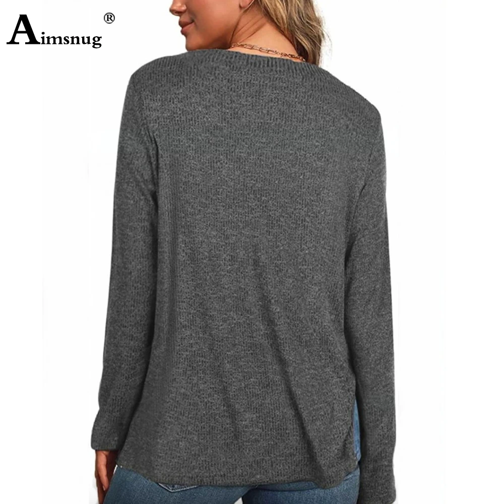 

Aimsnug Black Gray Loose T-shirt Ladies Elegant Leisure Casual Women's Top 2020 Autumn Long Sleeve V-neck Tee Shirt Pullovers