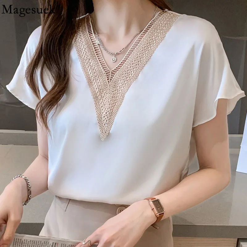 

Женская шифоновая блузка с V-образным вырезом и коротким рукавом