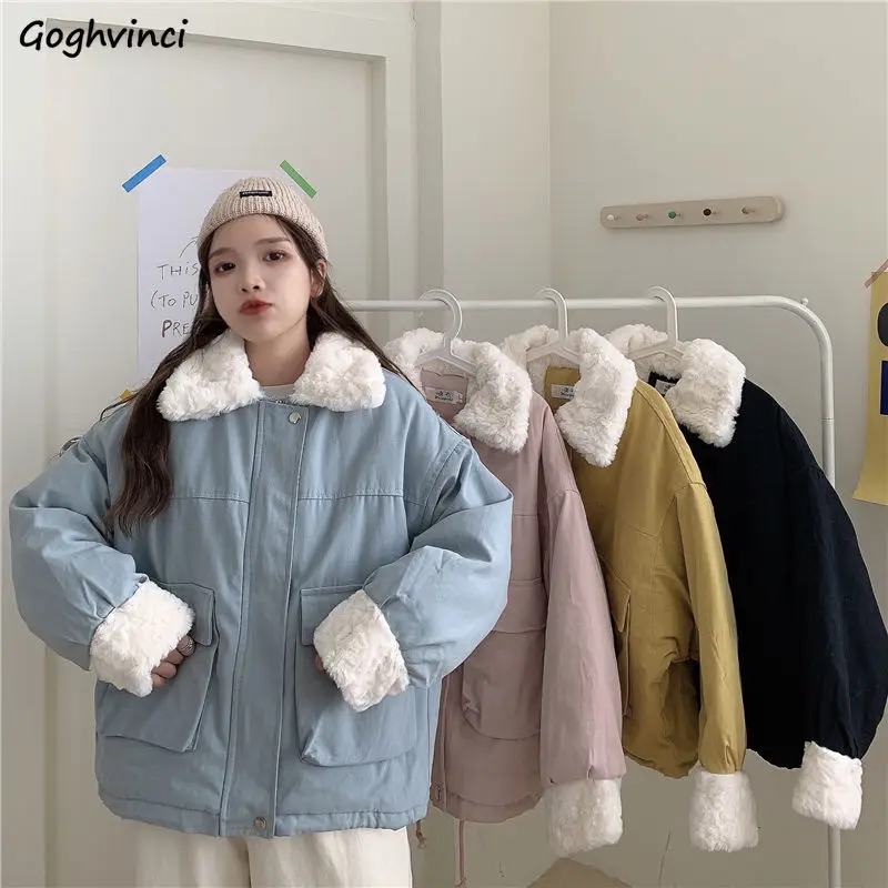

Short Style Parkas Women Lambswool Collar Warm Winter Coat Students Kawaii Harajuku Leisure Femme Parka Chic Fashion Korean Ins