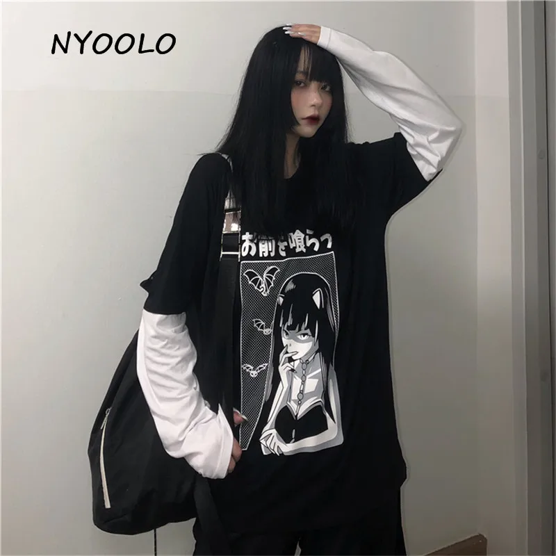 NYOOLO Harajuku стиль Манга Девушка японский с буквенным принтом топы Поддельные из двух частей Лоскутная футболка с длинными рукавами женская мужская одежда Топ