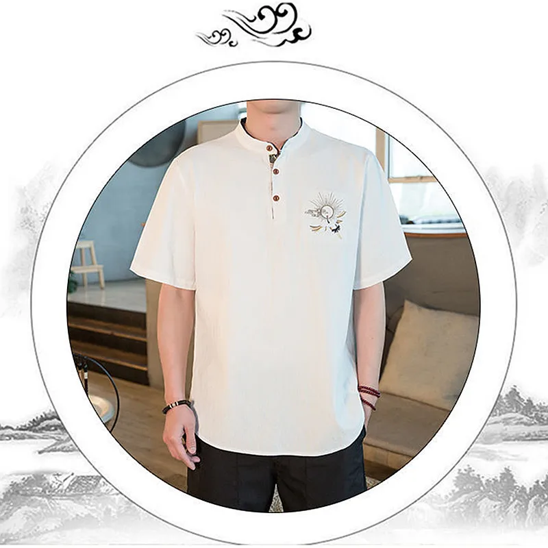 

2021 Men's New Cotton Linen Short Sleeve Shirt Chinese Style Embroidery Shirt Fashion Loose Pullover Shirt