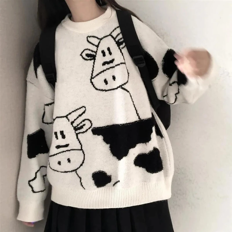 

hirigin Vintage Casual Loose Lazy Cow Sweater Female Korean Harajuku Women's Sweaters Japanese Kawaii Cute Clothing For Women