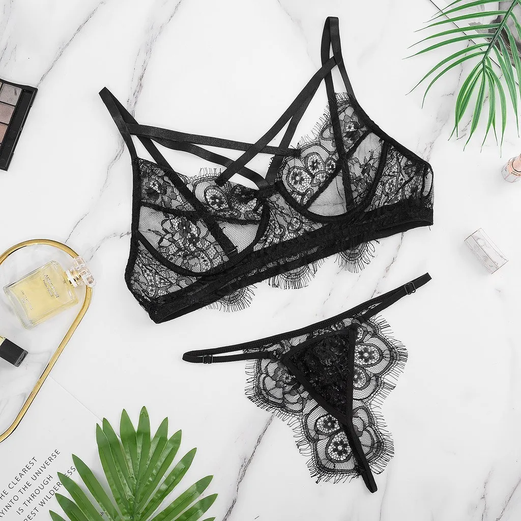 

Sexy Womens Lingerie 2pcs Set Women Transparent Bra Set Black Sexy Lingerie Lace Lenceria Plus Size Underwear