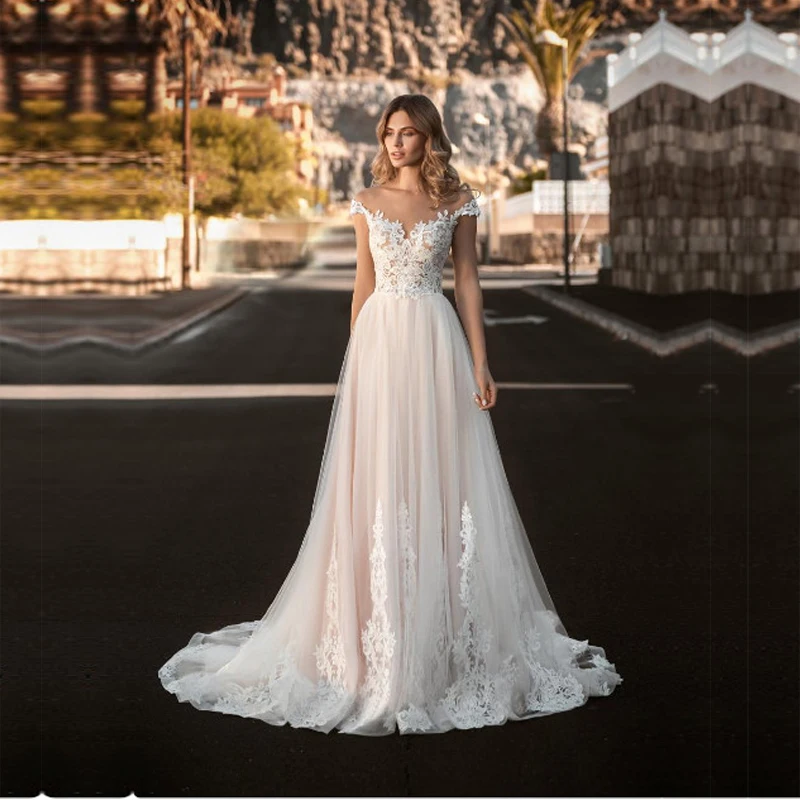 

Pink Tulle A Line Wedding Dresses 2021 O-Neck Cap Sleeve Applique Lace Bridal Gown Custom Made Wedding Gowns Backless Button
