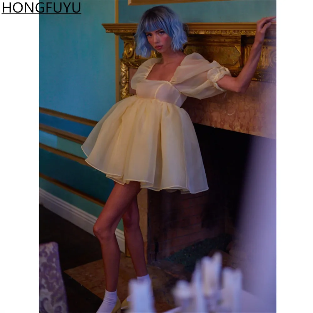 Коктейльное платье HONGFUYU с пышными рукавами квадратным вырезом короткое из