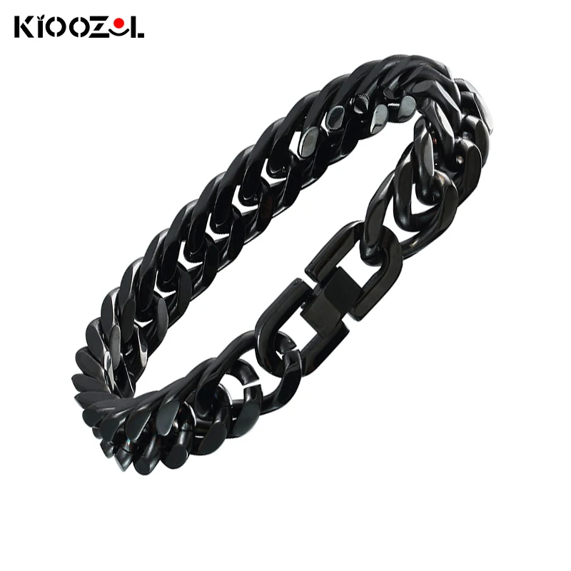 

KIOOZOL Cuba Stainless Steel Black Wide Bracelet For Men Classic Jewelry Accessories punk hip hop jewelry 171 KO8
