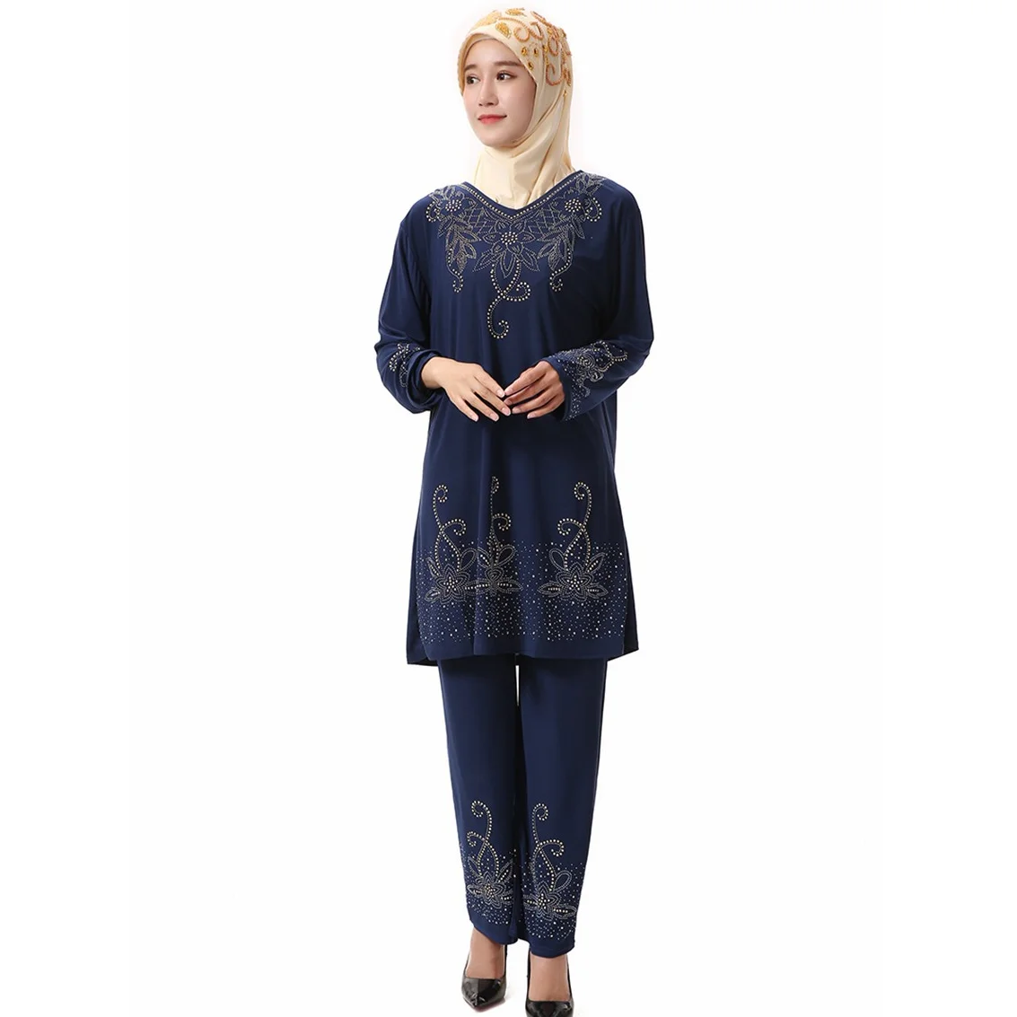 2021 Muslim New Women's Two - Piece Jacket Trousers Crystal Cotton Ironing Diamond Islamic Femininity Worship Clothing