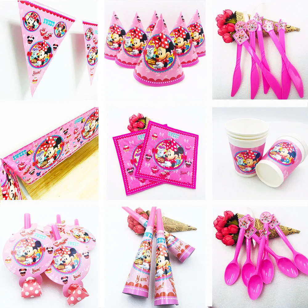 Minnie Mouse Kids Birthday Party Decoration Supplies Cup Plate Banner Hat Bag Set Favors Cake Decorating Pink Red | Дом и сад