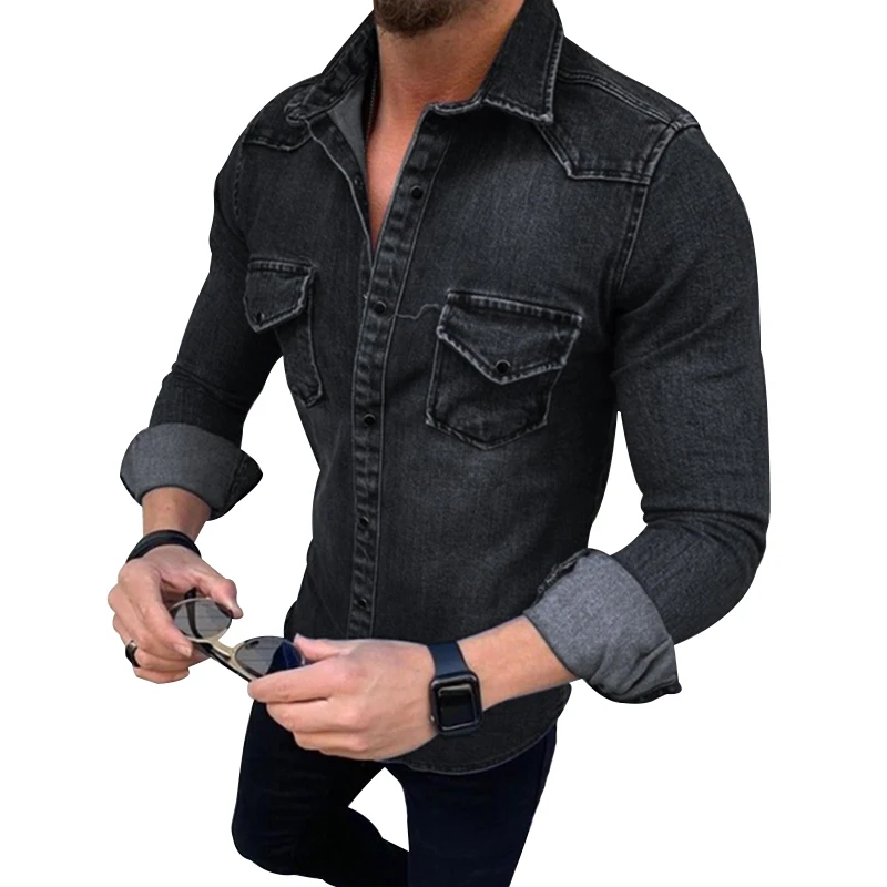 

New Fashion Men's Denim Jackets Long Sleeve Pocket Shirts Casual Slim Fit Male Jeans Daily Lapel Solid Color Buttons Autumn Tops