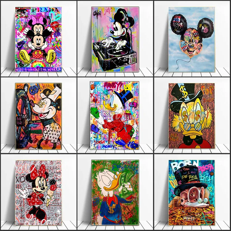 

Street Graffiti Wall Donald Duck Mickey and Minnie Painting Disney Anime Posters Prints Canvas Picture for Living Room Decor
