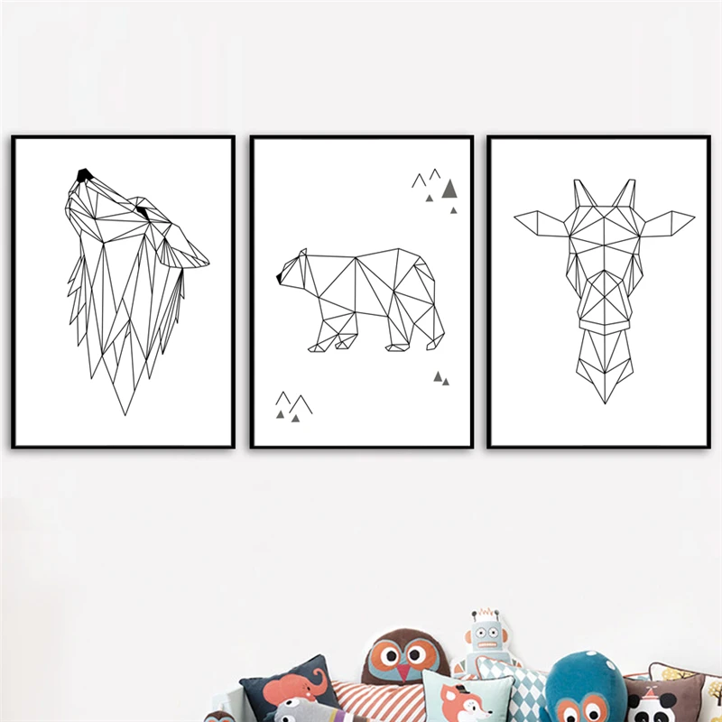Минималистская черно-белая Геометрическая линия животных Олень Медведь волк