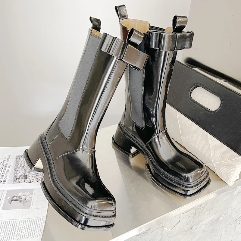 

Женские ботинки челси на платформе, черные мотоциклетные ботинки на платформе с бантом, уличные женские ботинки без шнуровки в стиле панк, н...