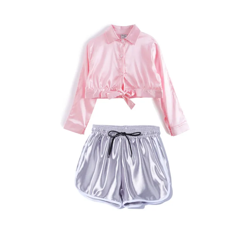 

Jazz Dance Clothing for Girls Pink Shirt Silver Shiny Shorts Girl Ballroom Street Dance Wear Hip Hop Costume for Children XS1478