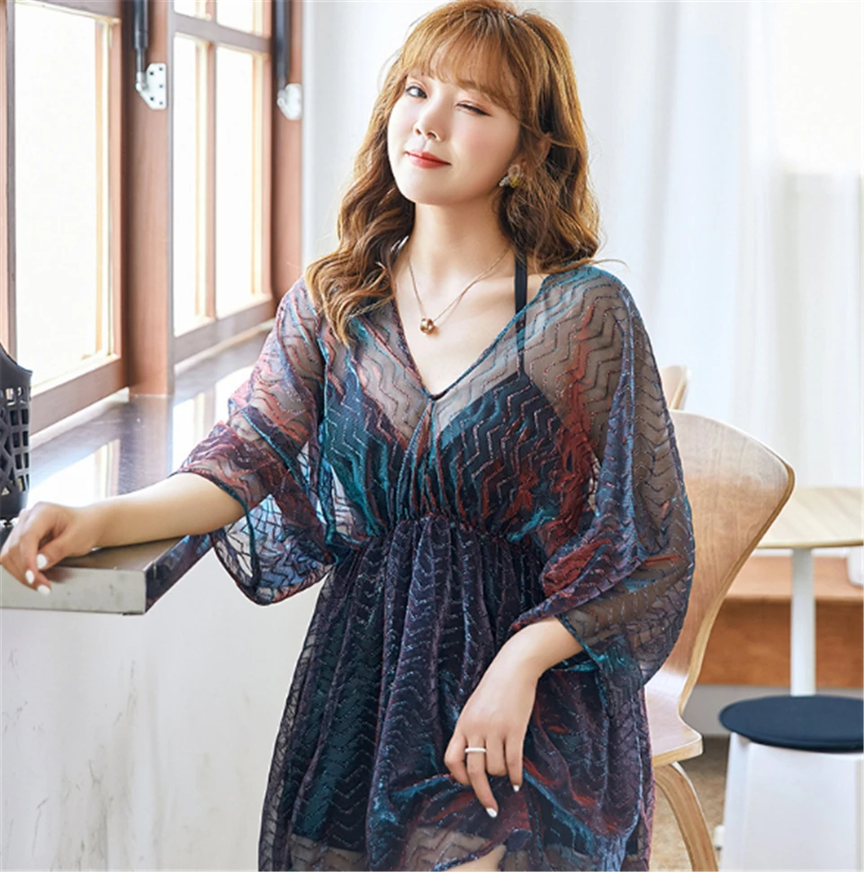 

Размера плюс 3 предмета пляжное платье 2021 корейский стиль с низким вырезом на спине пуловер с v-образным вырезом и лямкой на шее, одежда с дли...