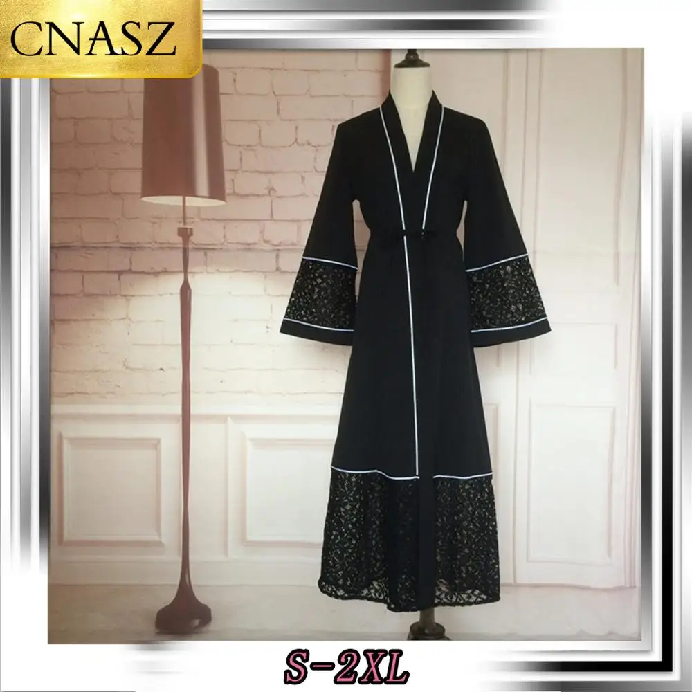 Женский мусульманский халат Abaya черный кружевной кардиган с длинными рукавами