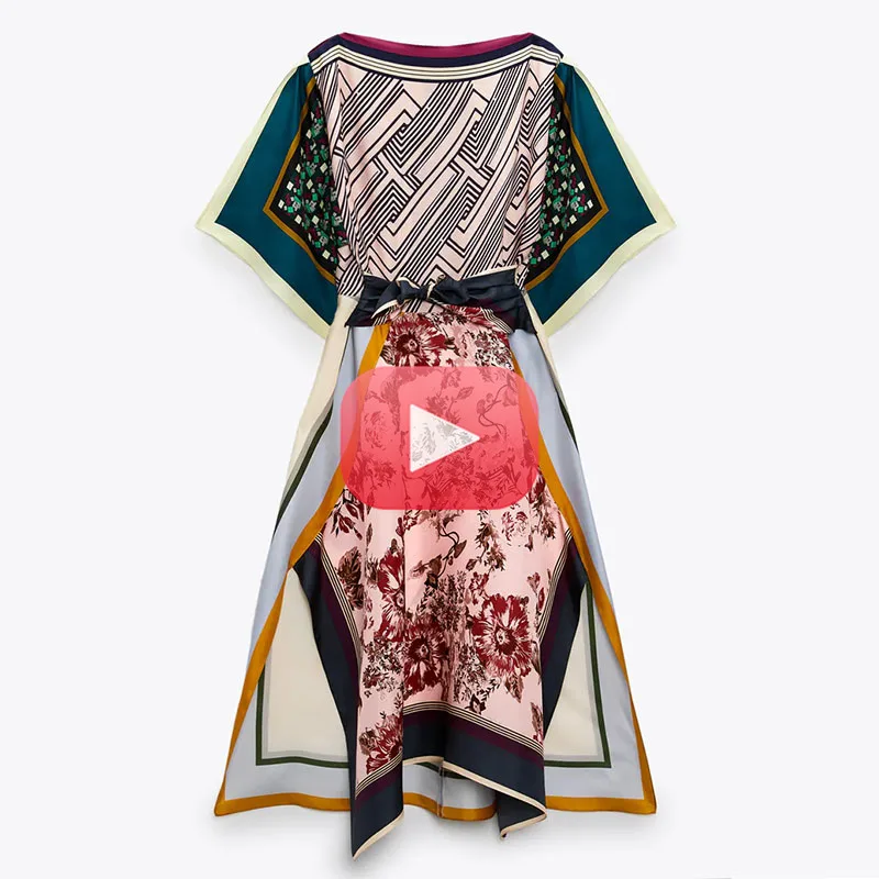 

ZA Women Silk Traf Dress 2021 New Hollow Out Chic Elegant Printed Stitching Colorful Split on Both Sides Midi Casual Dress