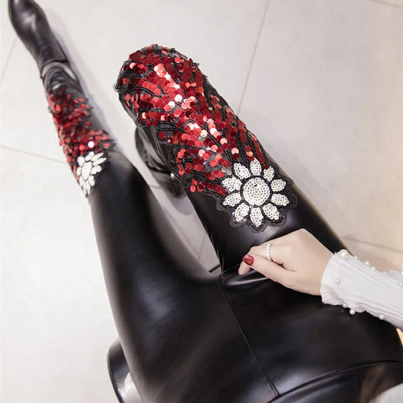 Теплые женские леггинсы кожаные брюки вышивка блесток черные теплые Леггинсы