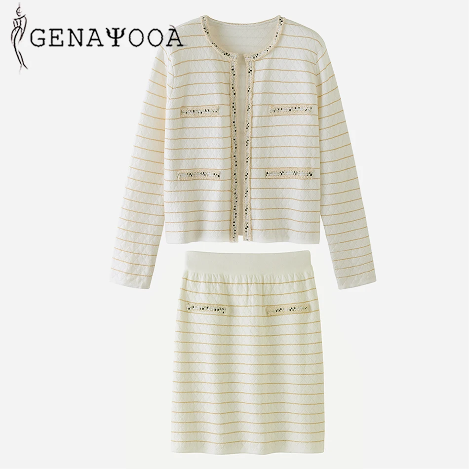

Genayooa 2 Piece Set Women Skirt Elegant Plaid Cashmere Suit With Skirt Winter Long Sleeve Knitted Suits For Women Cardigan