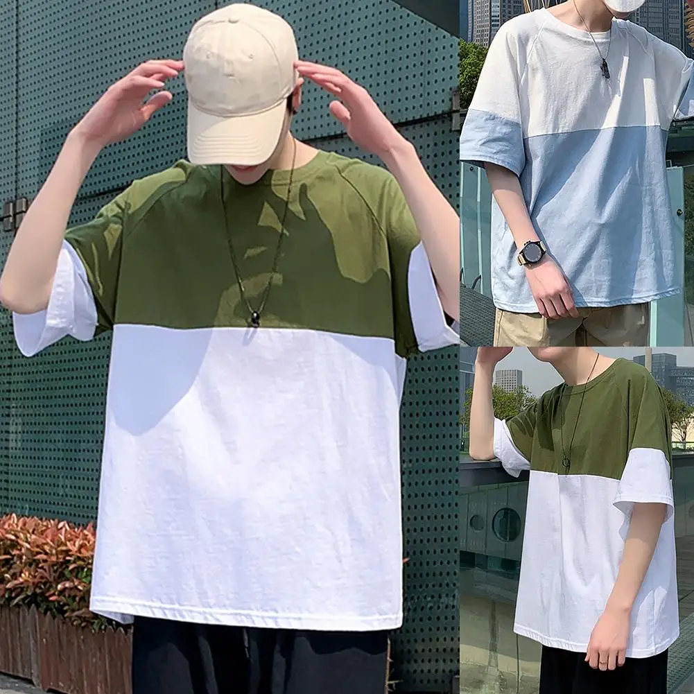 

M-2XL Men Casual O Neck Half Sleeve Color Block Soft Student Loose Shirt T-shirt Top Mens Clothing