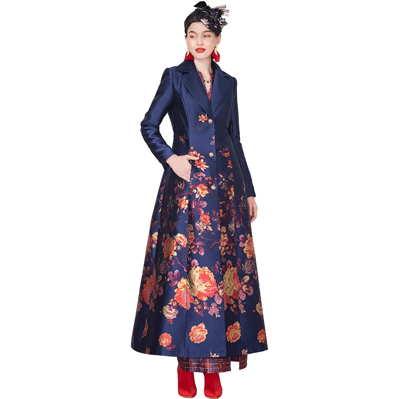 Подиум осень зима зеленый жаккард длинное пальто x длинные цветы размера плюс