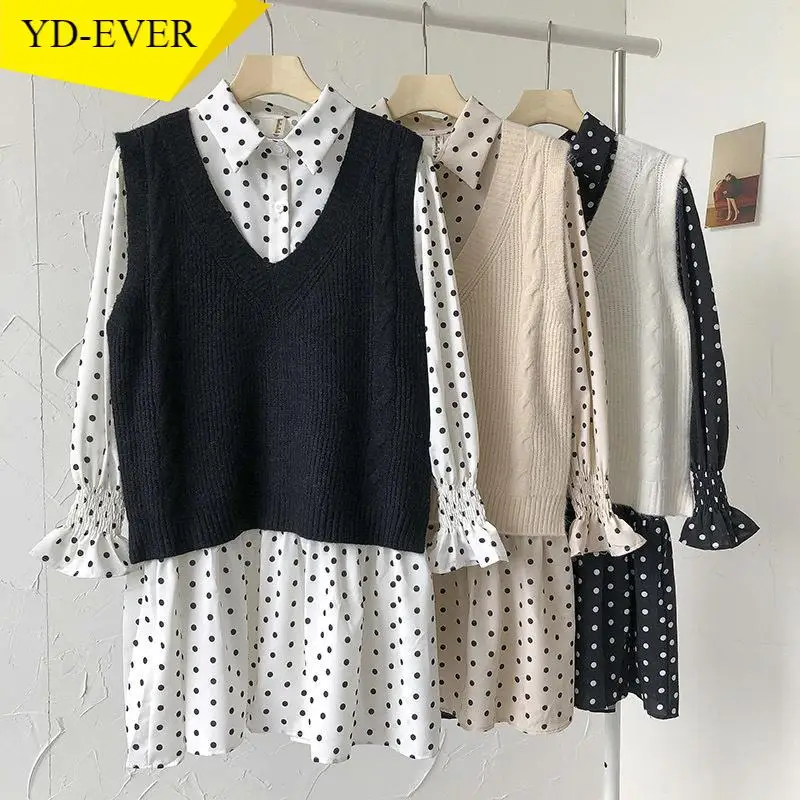 2021 верхняя одежда из двух частей для женщин весенняя в горошек платье с v-образным