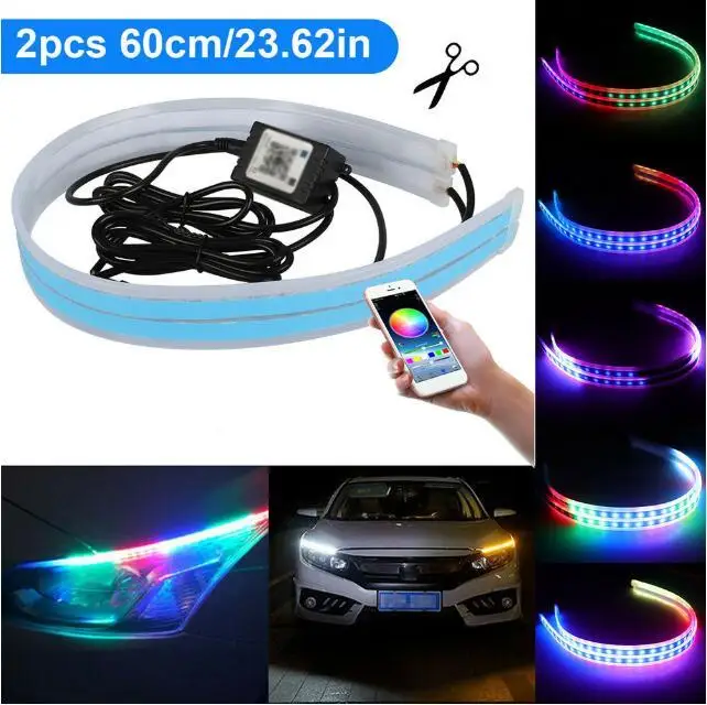 

2pcs Car Sequential Flowing RGB Daytime Running Light DRL APP Multi Color Light Strip Turn Signal Lights 45/60cm