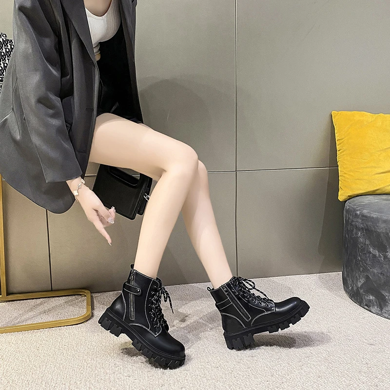 

Женские короткие ботинки со шнуровкой, зимние теплые черные ботинки на толстой платформе и квадратном каблуке