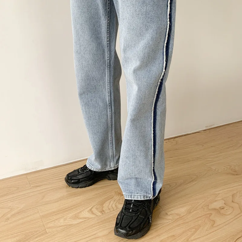 

Male Japan Korea Streetwear Hip Hop Jeans Trousers Men Vintage Washed Side Stripe Loose Casual Wide Leg Straight Denim Pants