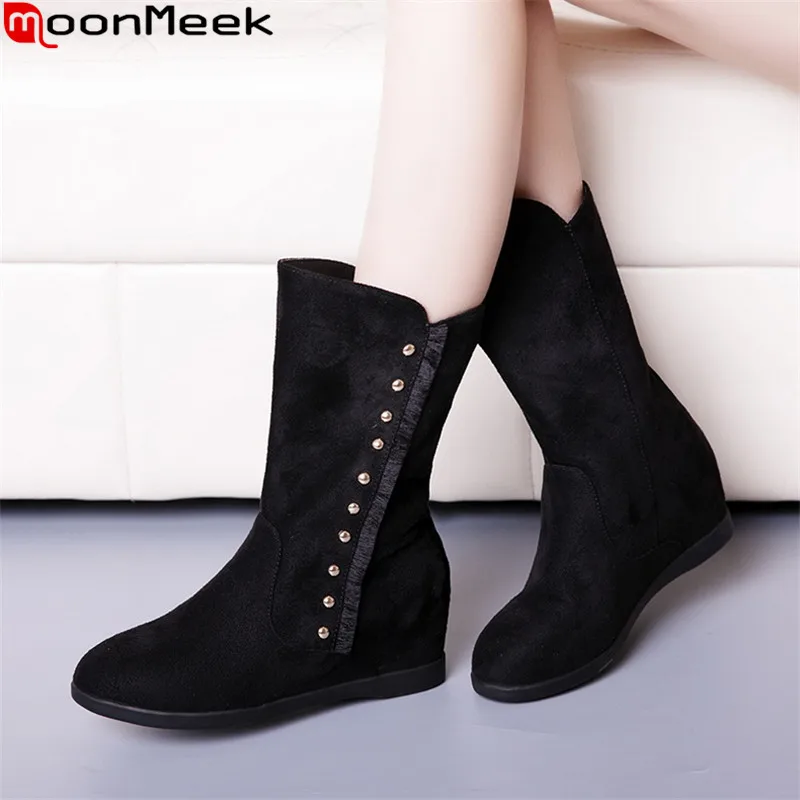 Женские ботильоны с круглым носком MoonMeek модные зимние ботинки заклепками внутри