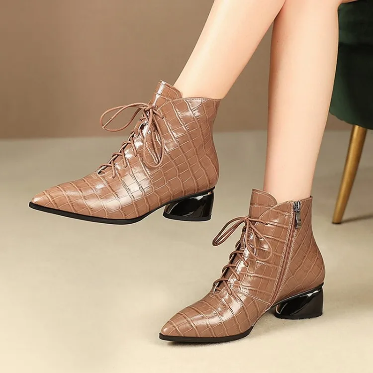 MLJUESE/женские ботильоны из коровьей кожи с острым носком на шнуровке зимние