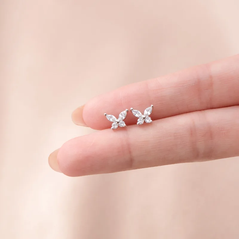 

Sterling Silver Cartilage Earring Rhinestone Butterfly Wing Stud Earrings Women Cute Small Zirconia Metal Ear Jewelry Gold Color