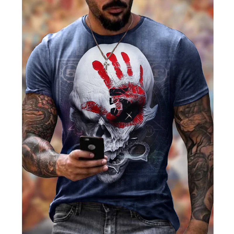 

Summer new black t shirt male fashion gothic skulls vintage print casual streetwear short-sleeved t shirt for man tops clothing