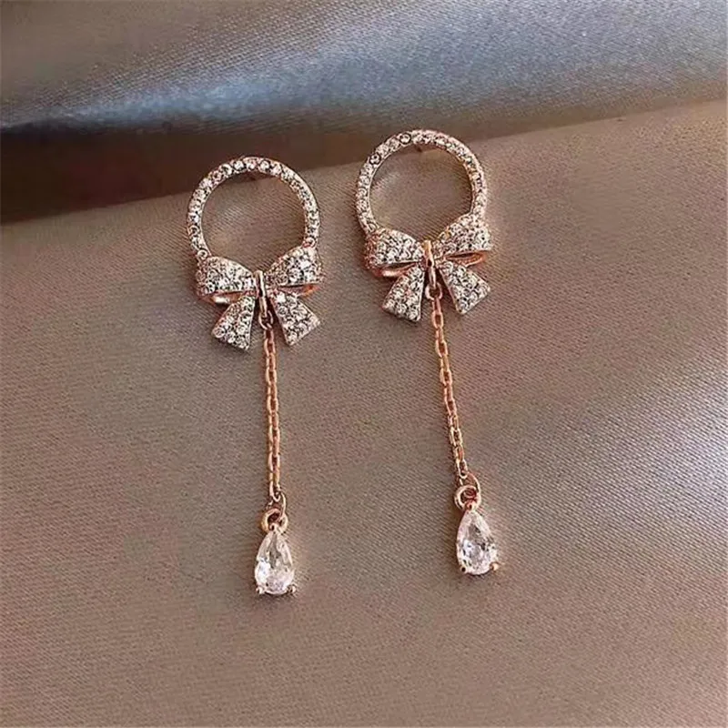 

New S925 Needle Bow Tassel Earrings for Women High Quality Design Jewelry Korean Version Temperament Micro Inlay Rhinestones