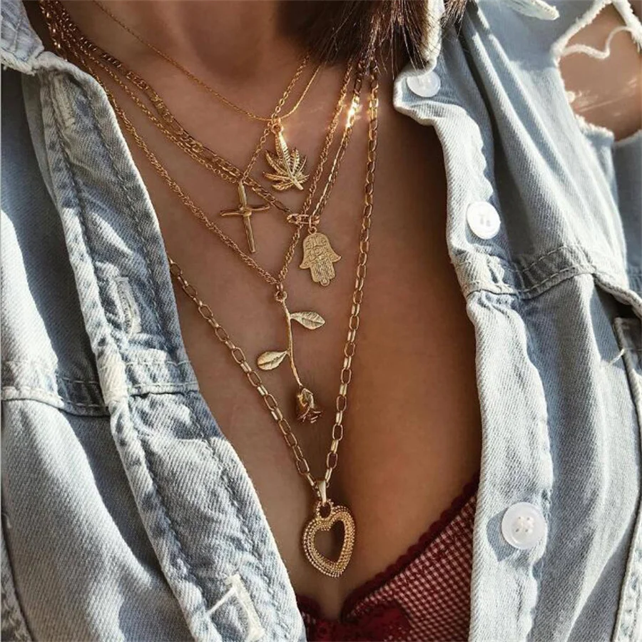

New Fashion Retro Multi-layer Crystal Pendant Necklace Set Punk Bohemian Gothic Alloy Women's Necklace Jewelry Party