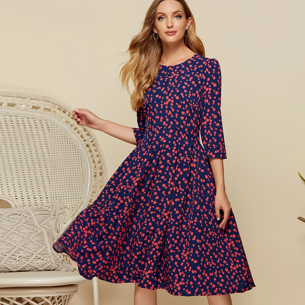 

New Elegant A-line Spring Dress Vintage printing Slim Party Dress Three Quarter Sleeve women Summer Casual Midi work Dress