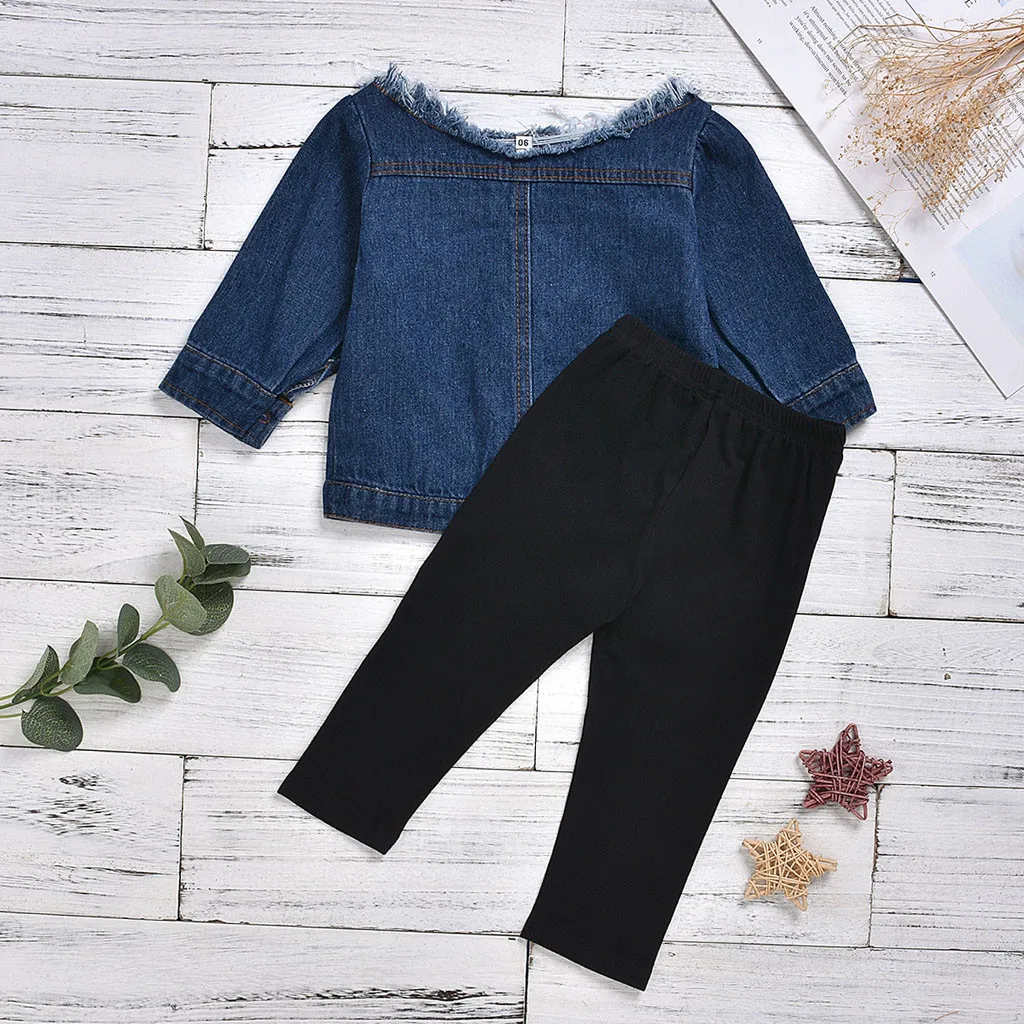 Джинсовое пальто с открытыми плечами для маленьких девочек топы + рваные штаны