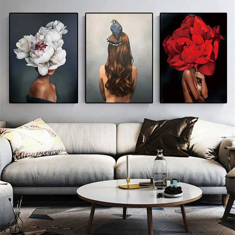 

Abstract Character Poster Woman Head Flower Bird Canvas Painting Print Wall Art Girl Picture Living Room Bedroom Decoration