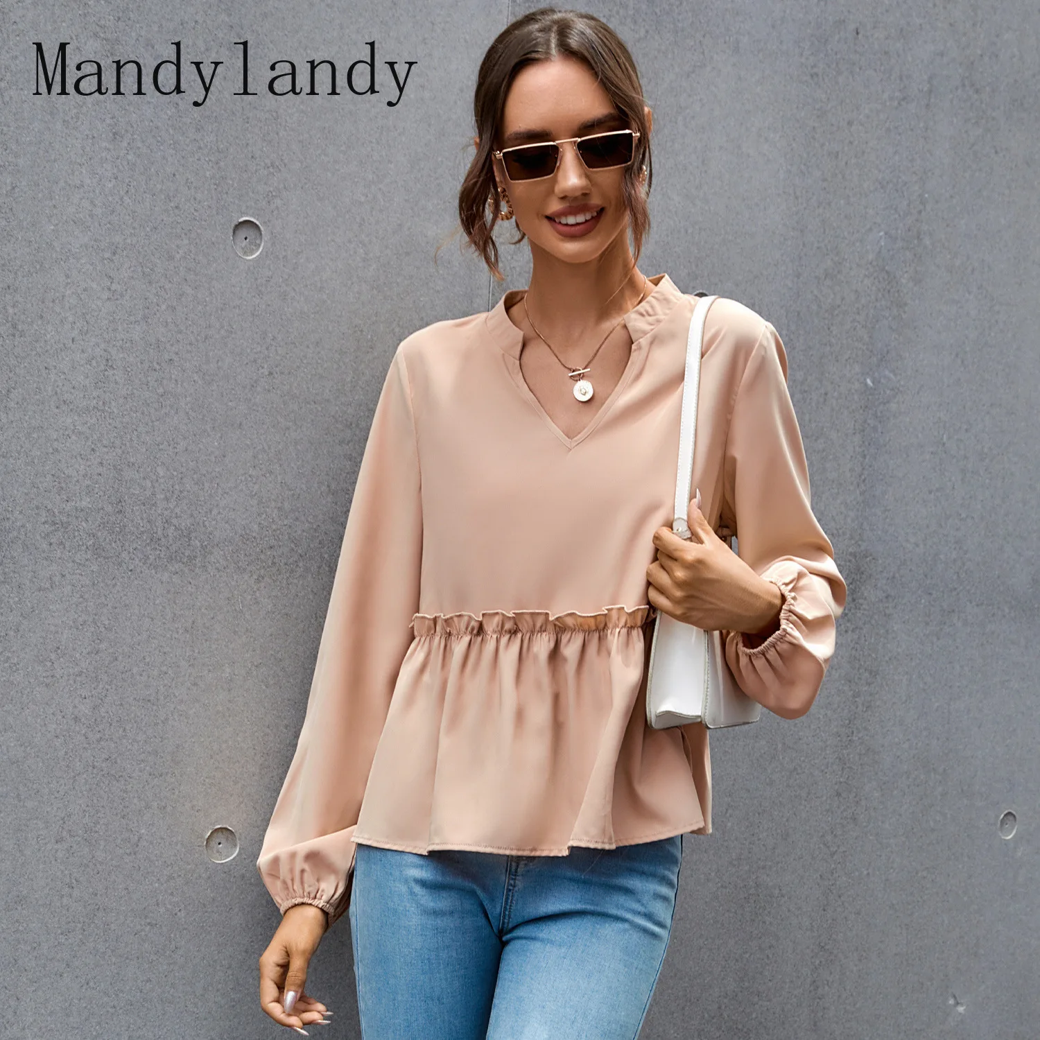 

Mandylandy Shirt Women's Casual Lantern Sleeve V-neck Solid Color Loose Shirt Autumn Loose Ruffles Pleated Stitching Blouse