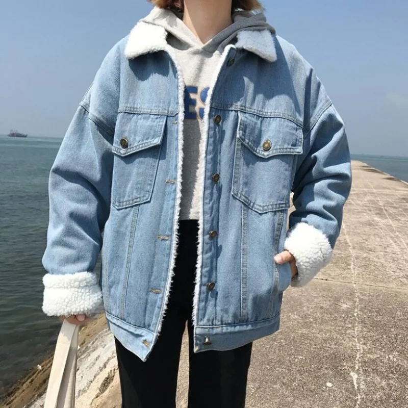 

Winter Fleece Lining Thicken Womens Denim Jackets Fur Collar Oversize Boyfriend Jeans Coat New Loose Outwear Cowboy Coats