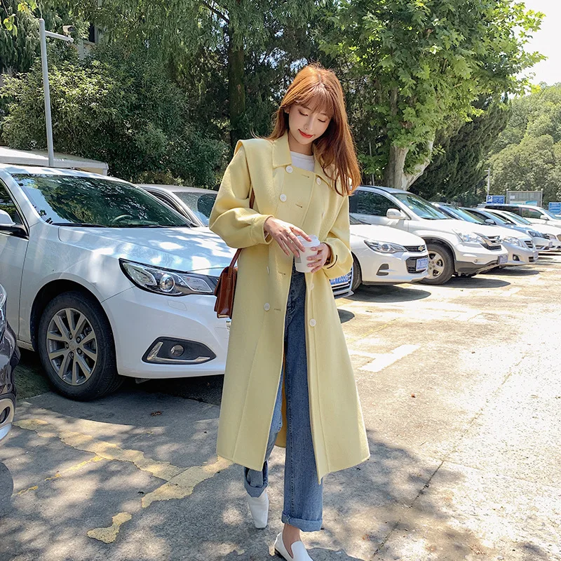 

Осень-зима 2020, новинка, Высококачественная свободная Двусторонняя кашемировая куртка ручной работы с отложным воротником и ремнем на шнуро...