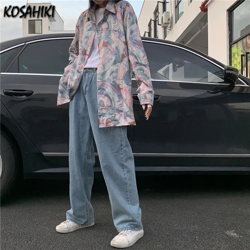 

KOSAHIKI Streetwear Harajuku Vintage Contrast Printing Shirt Full Sleeve Personality Casual LooseShirt 2021 Camisas Mujer