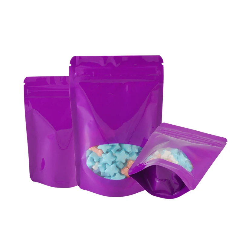 

100pcs Purple Storage Zipper Food Snack Stand Up Pouches Zip Lock Bag Food Grade Bags Smell Proof Clip With Clear Window Bag
