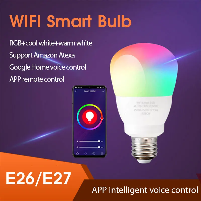 

Tuya Smart WiFi LED Light Bulb Color Changing RGBCW E26/E27 Smart Bulb Smart Life APP/voice Control Work With Alexa Google Home