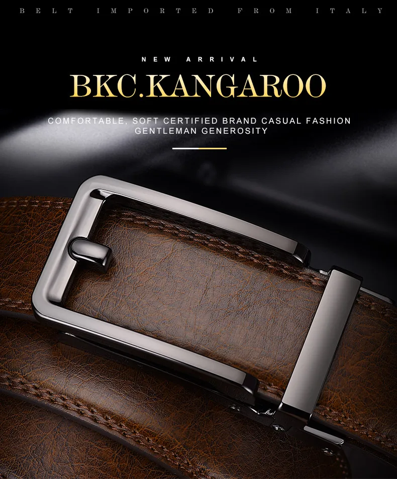 BKC. KANGAROO мужской ремень из натуральной кожи, роскошный высококачественный бренд, автоматическая пряжка, коричневые ремни, официальный ремень для мужчин, 130 см, подарок